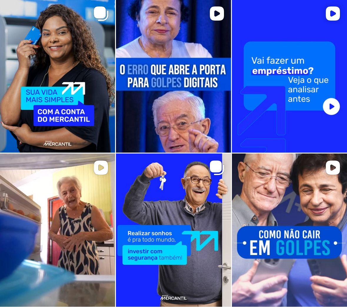 Mosaico com seis posts de feed do Banco Mercantil sobre educa&ccedil;&atilde;o financeira e seguran&ccedil;a. As imagens mostram pessoas de diferentes idades, com destaque para o p&uacute;blico idoso, sorrindo e interagindo com cart&otilde;es, chaves e celulares. Os posts cont&ecirc;m textos informativos sobre simplificar a vida financeira, preven&ccedil;&atilde;o contra golpes digitais, dicas para empr&eacute;stimos e investimentos seguros, todos utilizando a identidade visual da marca em tons de azul e branco.