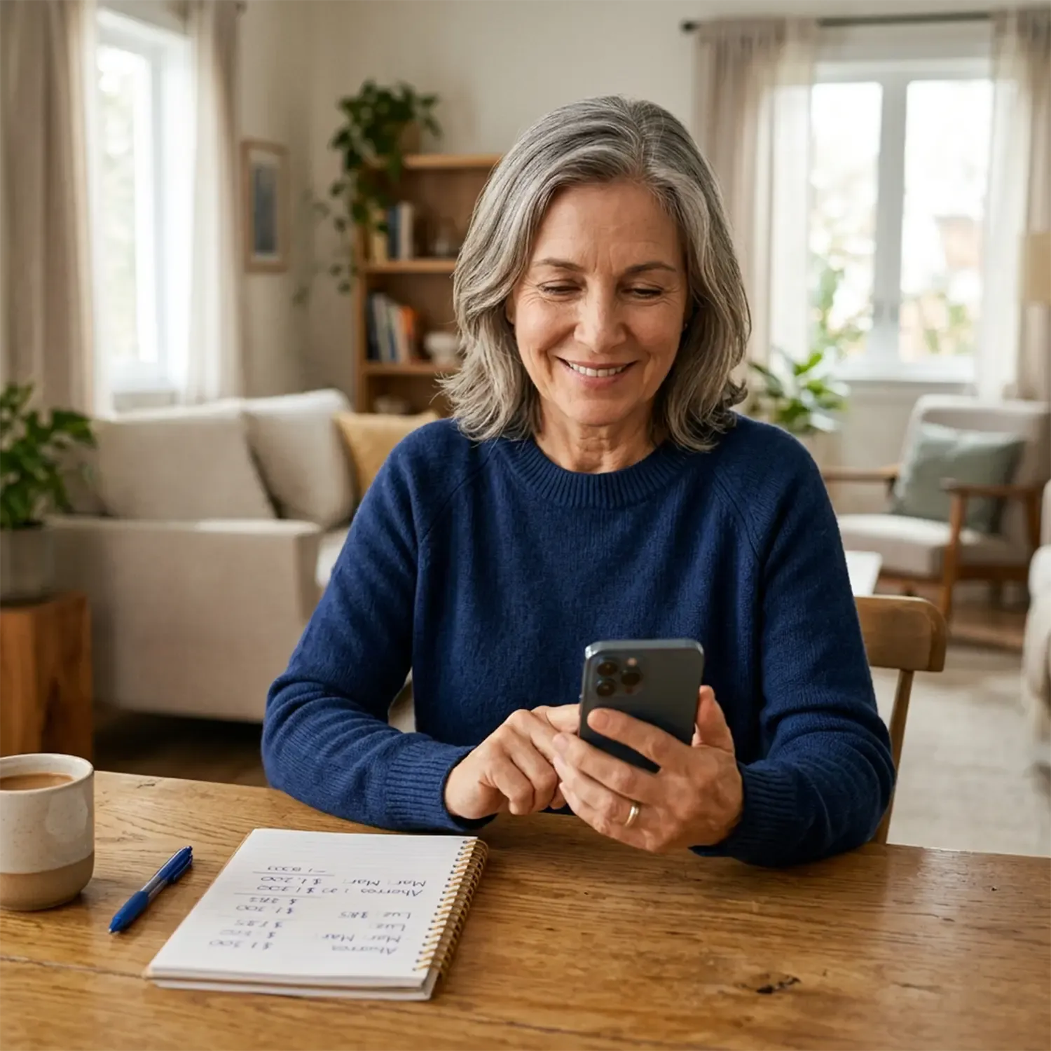 Mulher de cabelos grisalhos e blusa de tric&ocirc; azul sorri enquanto navega pelo site do Mercantil no smartphone, sentada &agrave; mesa de madeira de sua casa. &Agrave; sua frente, h&aacute; um caderno espiral aberto com anota&ccedil;&otilde;es e uma caneta azul ao lado. O fundo mostra uma sala de estar iluminada e aconchegante.