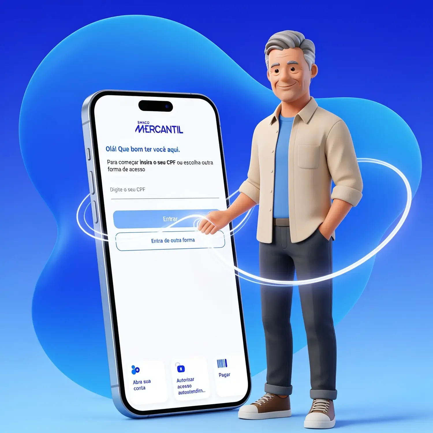 Ilustra&ccedil;&atilde;o 3D de um homem grisalho sorridente ao lado de um smartphone gigante que exibe a tela de login do aplicativo Banco Mercantil. Fundo em tons de azul com linhas de luz fluidas.
