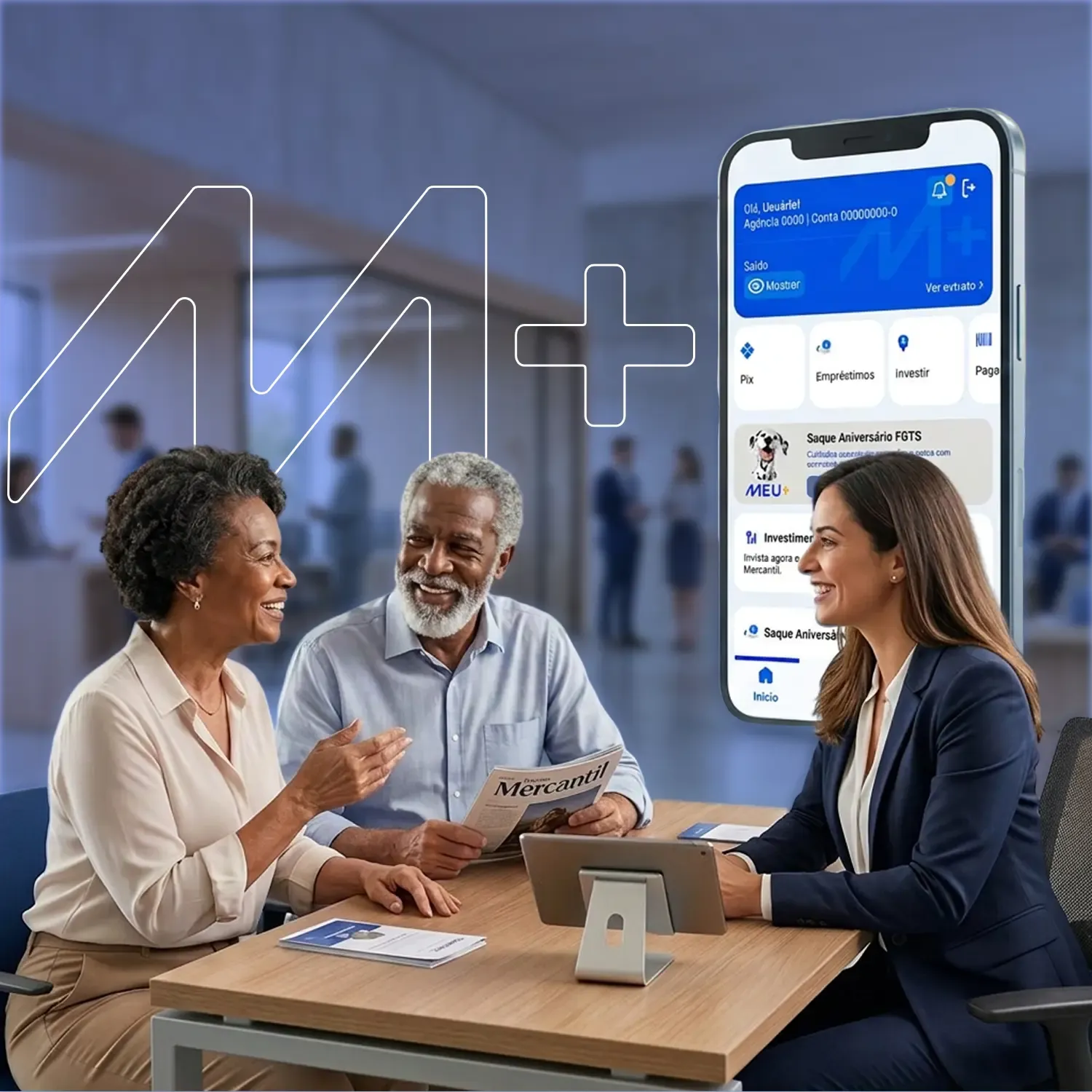 Casal maduro em atendimento com funcion&aacute;ria de banco em uma mesa de escrit&oacute;rio. Ao lado deles, um celular gigante mostra o aplicativo do Banco Mercantil em uma tela azul e branca.