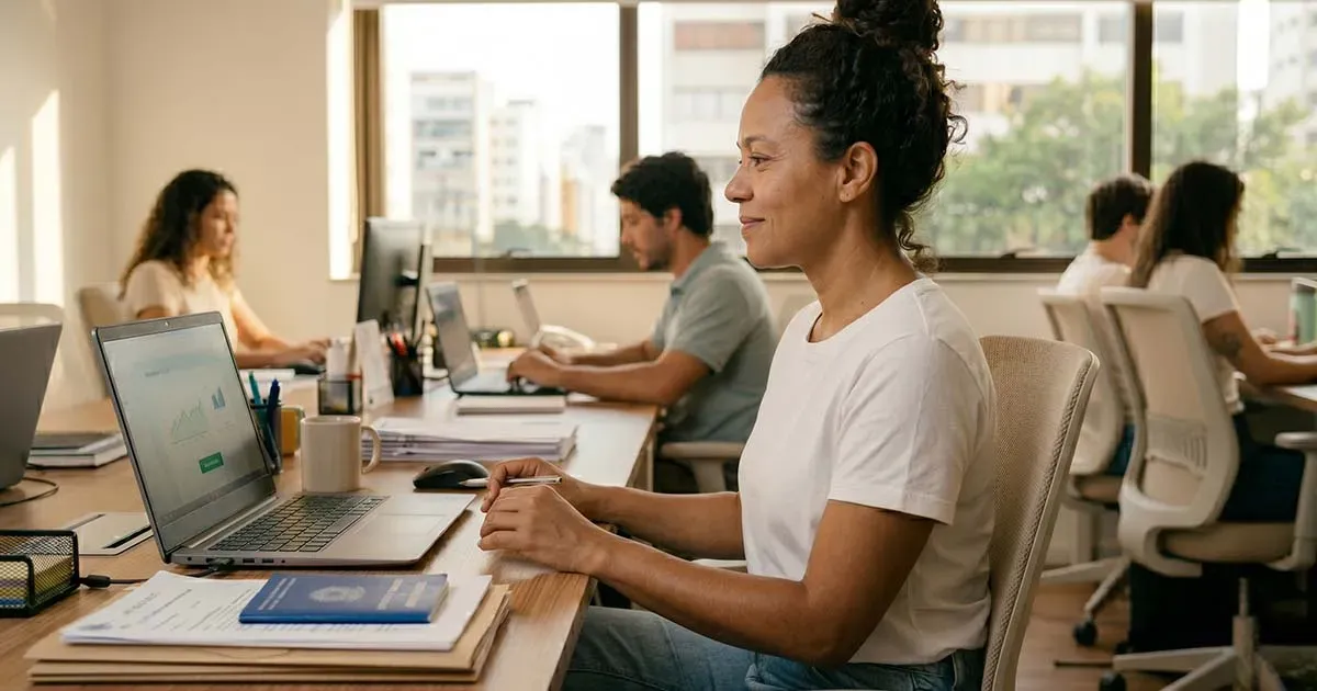 Uma mulher trabalha no escrit&oacute;rio com um notebook e uma Carteira de Trabalho azul sobre a mesa, cercada por outros colegas de trabalho ao fundo.