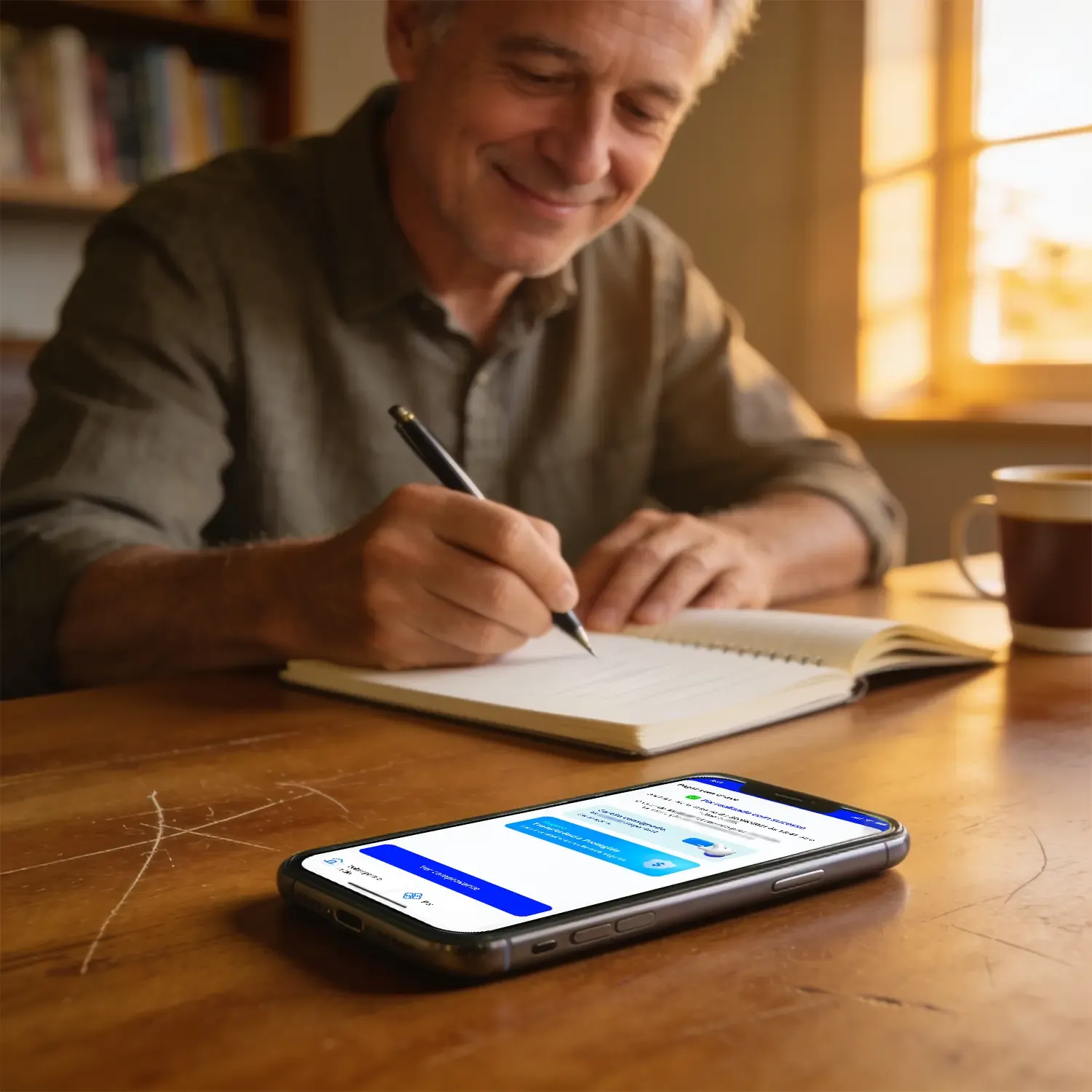 Homem grisalho anotando em um caderno com um celular em primeiro plano mostrando o aplicativo do Banco Mercantil.