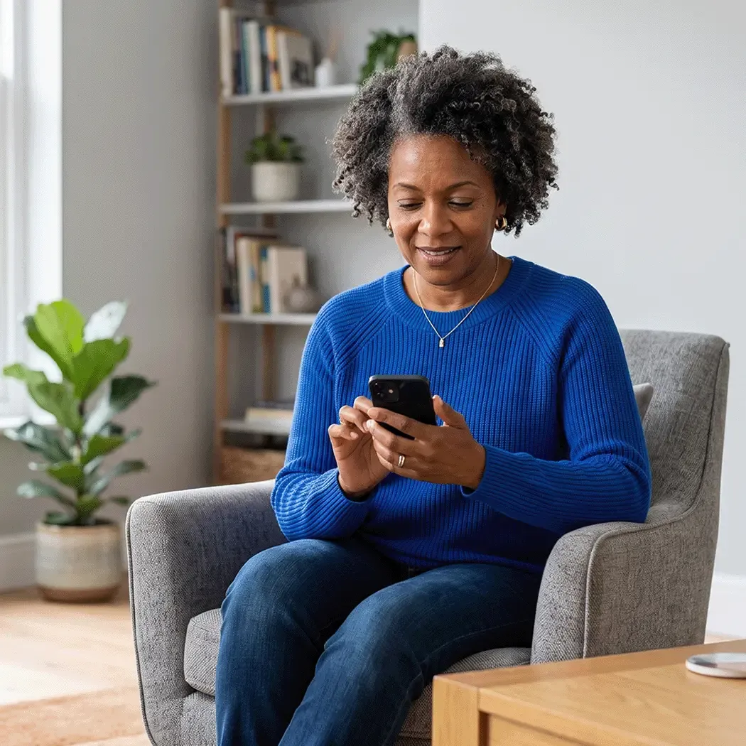 Mulher 50+ usando o celular concentrada, sentada em uma poltrona confort&aacute;vel em ambiente residencial.