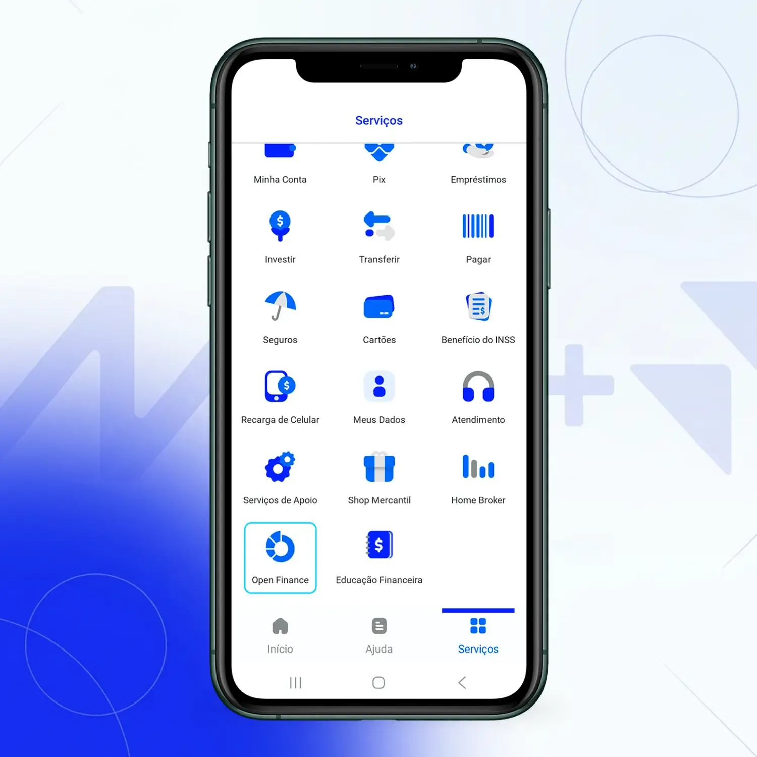Tela de celular mostrando o menu de servi&ccedil;os do aplicativo do Banco Mercantil, com destaque selecionado para a op&ccedil;&atilde;o "Open Finance", indicada por um &iacute;cone circular azul com borda de sele&ccedil;&atilde;o.