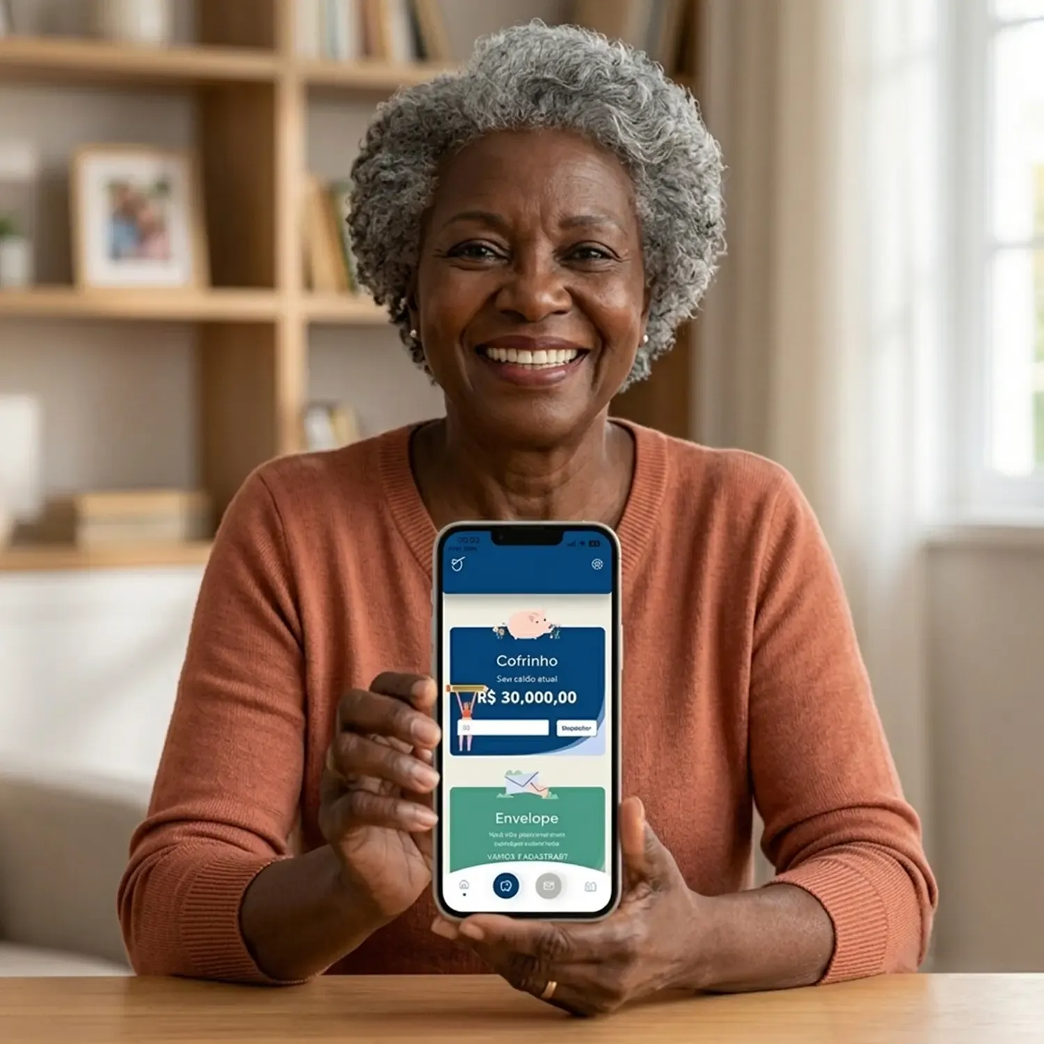 Mulher 50+ negra e sorridente segurando um celular que exibe a interface da plataforma "Meu Bolso em Dia" do Banco Mercantil, mostrando um resumo financeiro com saldo e pagamentos.
