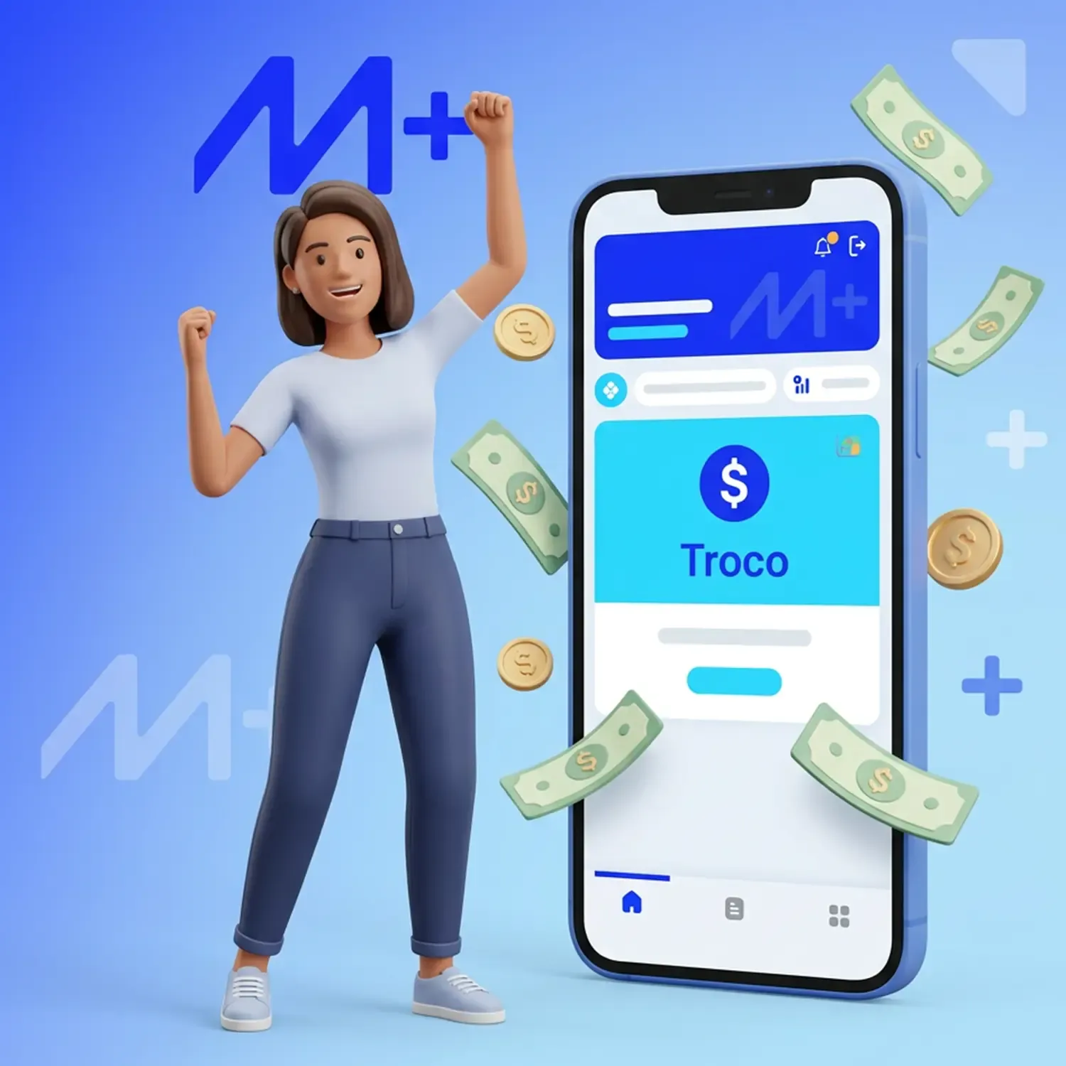 Ilustra&ccedil;&atilde;o 3D de mulher comemorando ao lado de um celular gigante com a palavra 'Troco' na tela, cercados por moedas e notas voando.