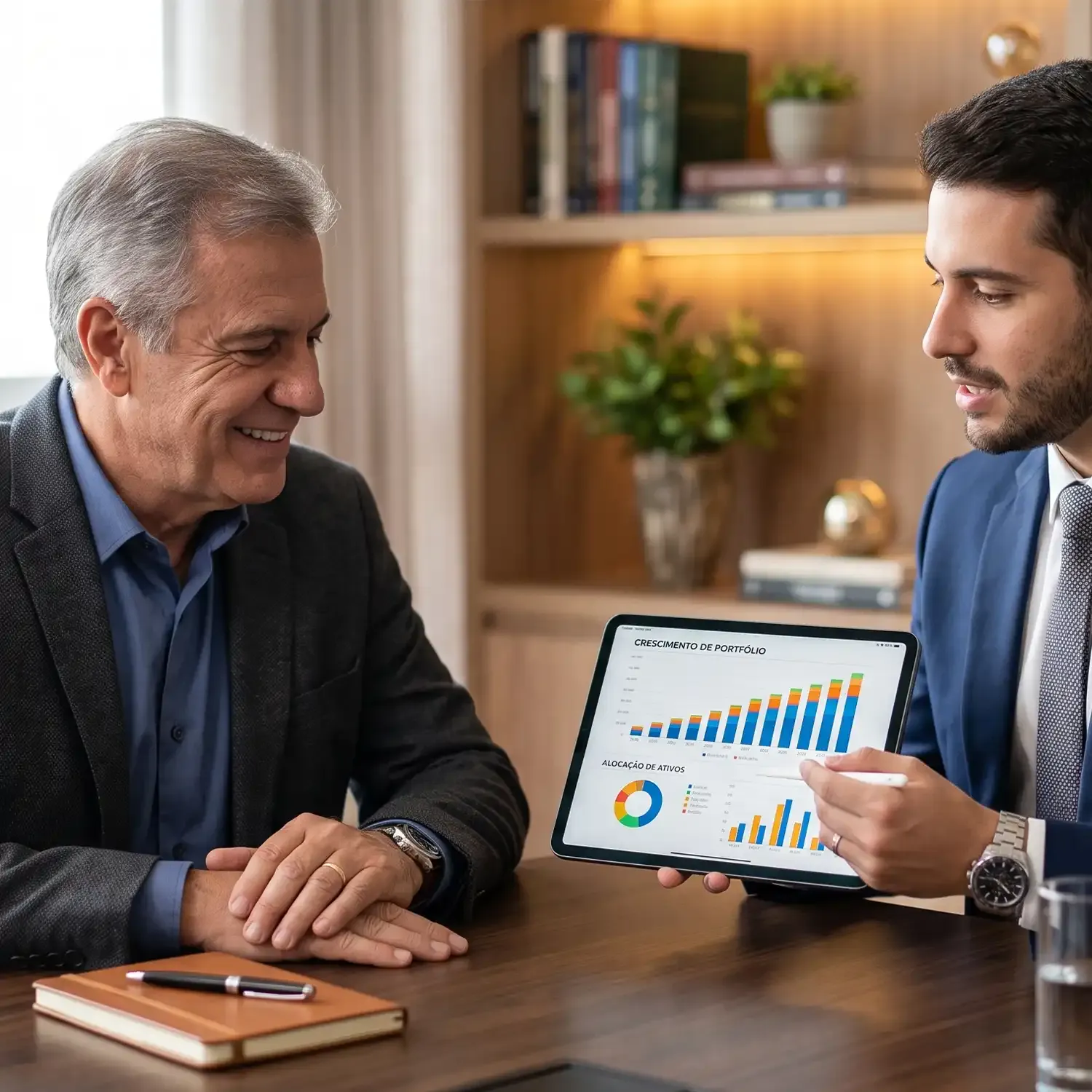 Consultor financeiro mostrando gr&aacute;ficos de investimentos em um tablet para um cliente idoso sorridente.