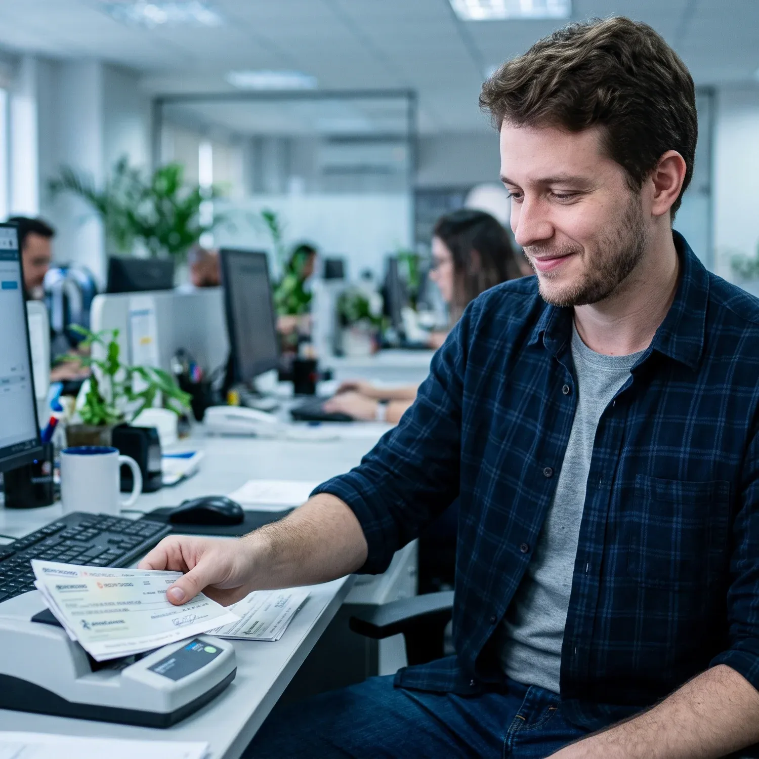 Jovem sorridente usando leitor de cheques digital no escrit&oacute;rio.
