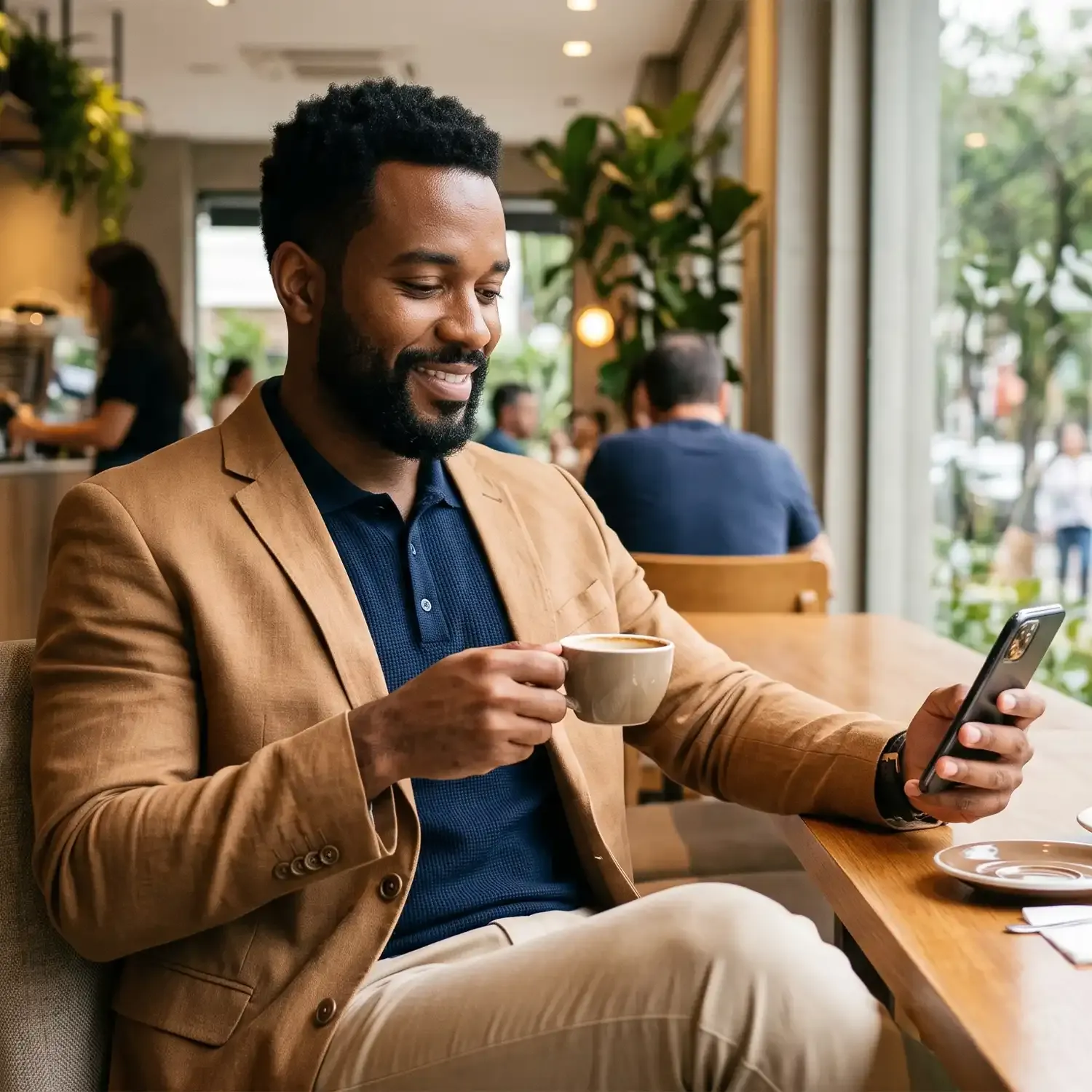 Homem negro elegante sorrindo ao usar o celular enquanto toma caf&eacute; em uma cafeteria.