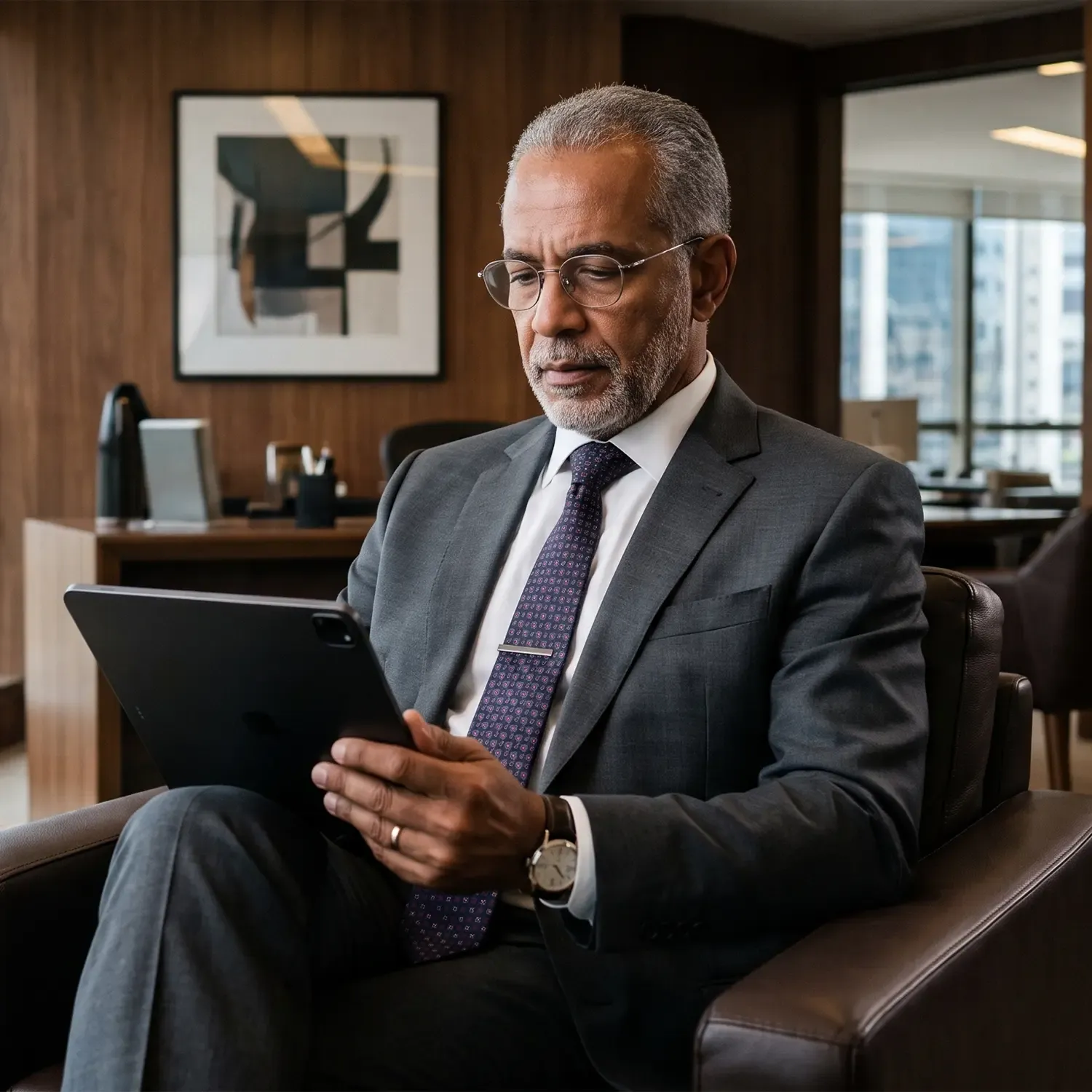 Homem corporativo analisando tablet