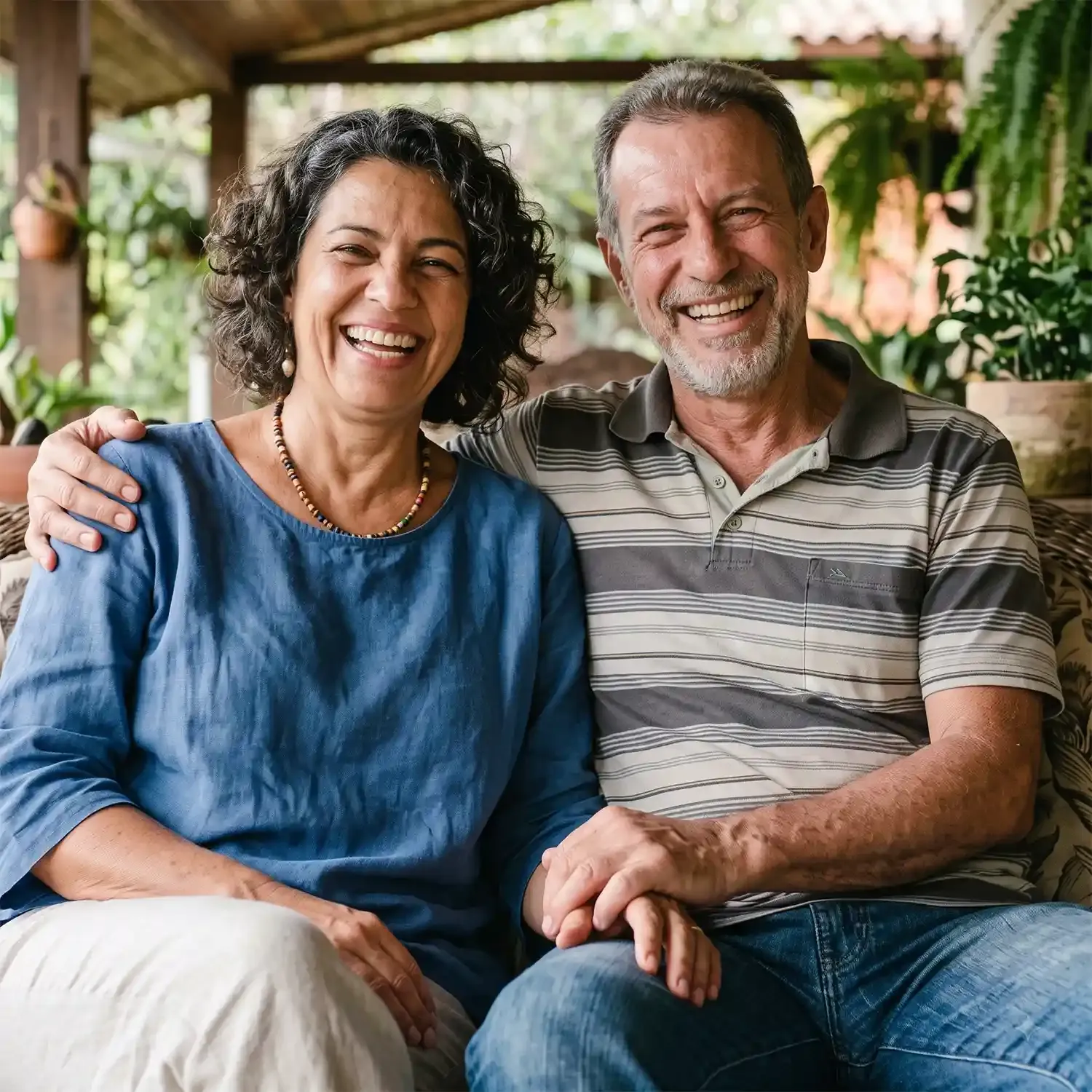 Casal maduro sorrindo abra&ccedil;ado em uma varanda com plantas ao fundo.