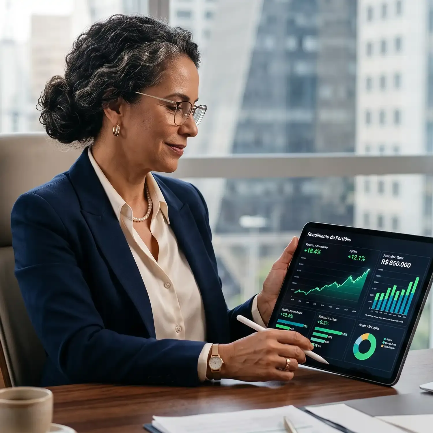Mulher corporativa utilizando painel de investimentos