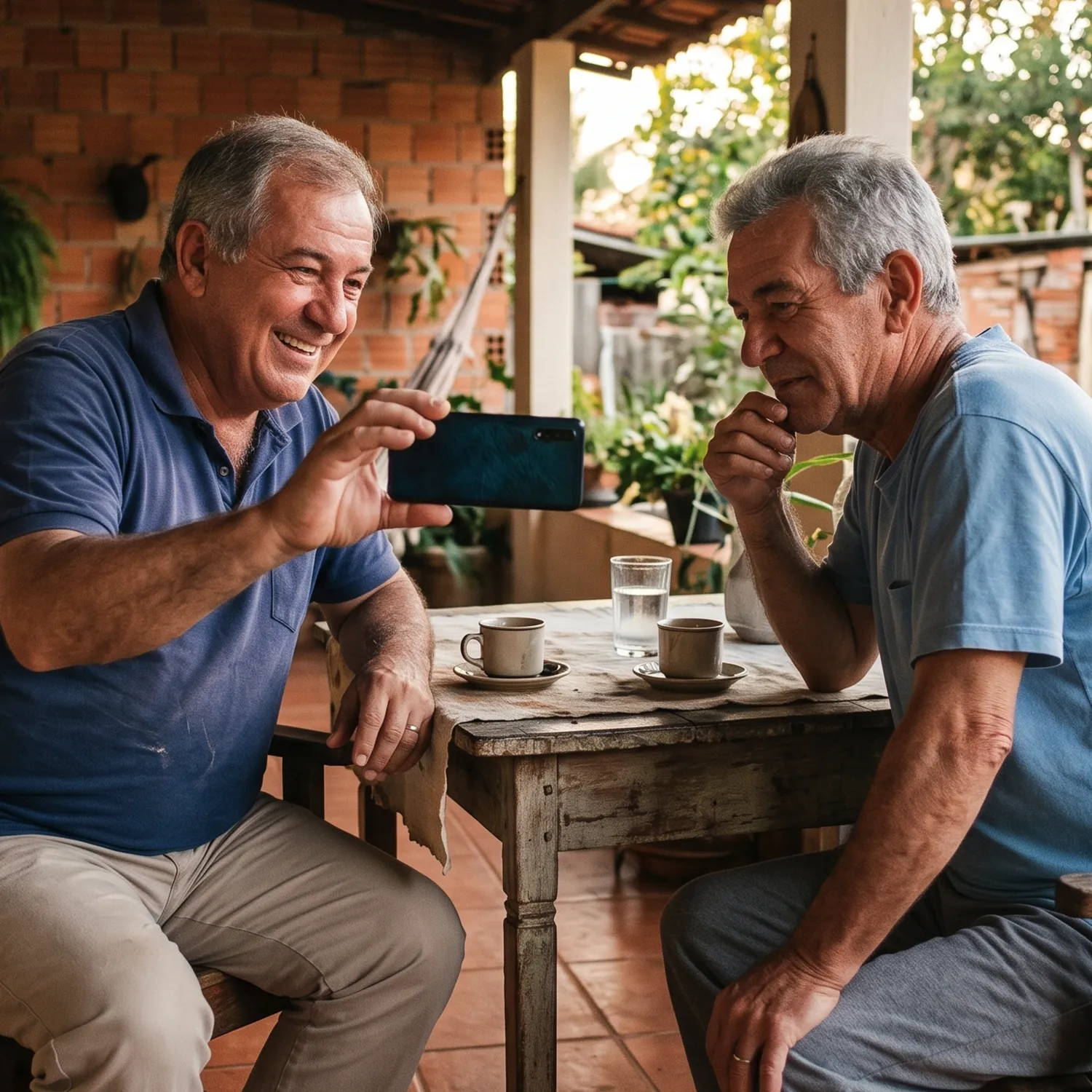 Dois homens idosos sorridentes sentados em uma varanda, onde um mostra a tela do celular para o outro.