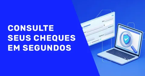 Banner "CONSULTE SEUS CHEQUES EM SEGUNDOS" mostrando ilustra&ccedil;&atilde;o 3D de notebook com lupa de seguran&ccedil;a e tal&atilde;o de cheques ao fundo.